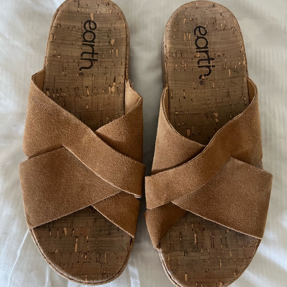 Earth Leather Slip on Wedge Platform Cork Sandals